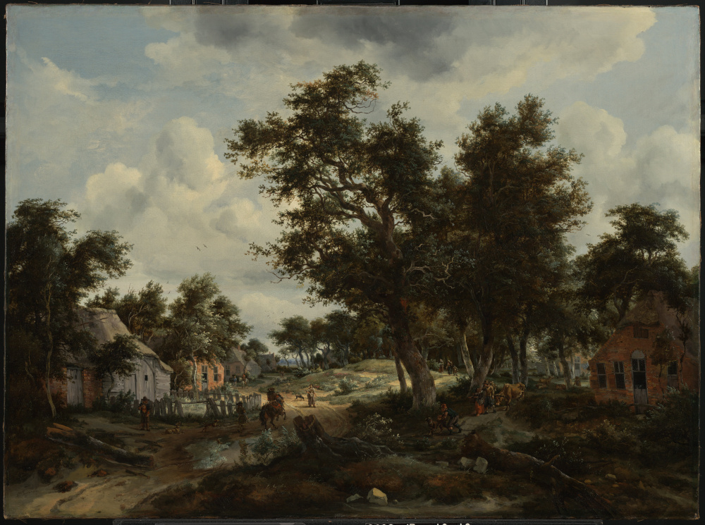 霍贝玛高清油画A Wooded Landscape with Travelers on a Path through a Hamlet.tif
